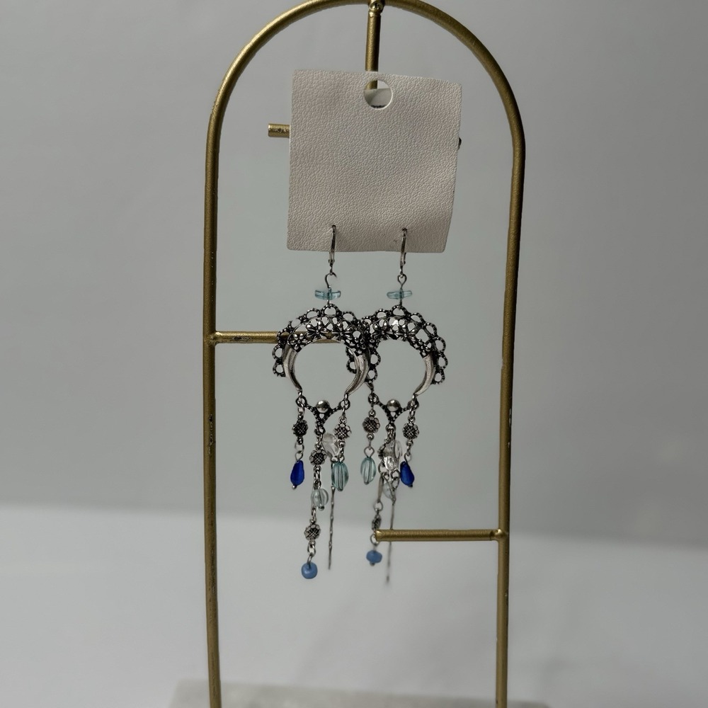 Free People Dangle‎ Earrings Monty Silver Tone Blue Gem Festival Boho NWT
